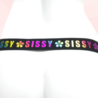 A rear view of the Sissy chastity belt, you can see the multi colour lettering and flower motif