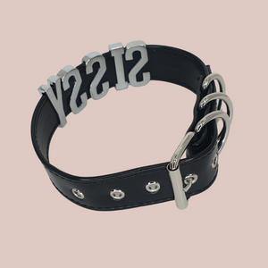 An overview image of the black Sissy collar with silver lettering and fastenings.