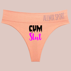The Sissy Cum Slut sports style panties, you can see the soft pink colour of the panties, the bright pink and white drip affect motif saying Cum Slut.