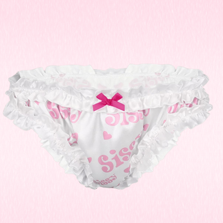 White satin bikini panties, with ruched edging, pink sissy and heart printed detail and a small pink satin bow. The circles on the top right denote the colours available, white with pink lettering or white with blue lettering.