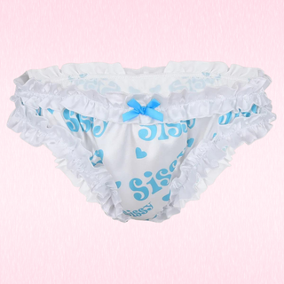 White satin bikini panties, with ruched edging, blue sissy and heart printed detail and a small blue satin bow.