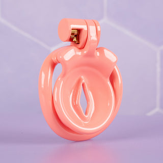 An angled view of the fully assembled chastity cage, you can see the inverted cage design.