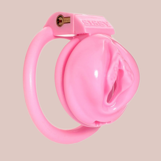 Side view of the Sissy Pussy III chastity cage, you can see the extra angled ring fitted to the face of the cage, the base ring attached and the integral lock in place.