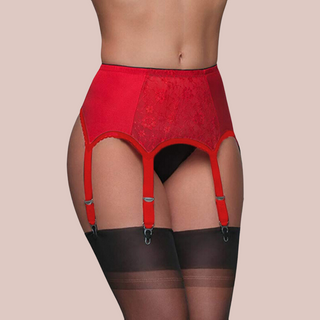 Showing the red six strap suspender belt with lace centre panel from House Of Chastity, there a 3 straps on each side of the belt.