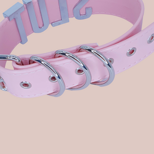 A close up of the pink collar buckles and fasteings