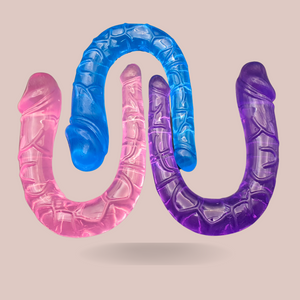 Showing all three colours of the jelly dildo that we have to offer, on the top is the blue, bottom left the pink and bottom right is the purple.