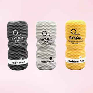 All three styles of the Snail Cup Masturbator shown, from left to right, Daisy Touch, Prickly Rose and Golden Star