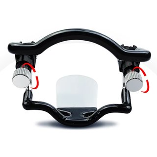 The mouth plug shown front on, the adjustable screws are annotated with red imagery to show they move and the tongue press can be clearly seen.