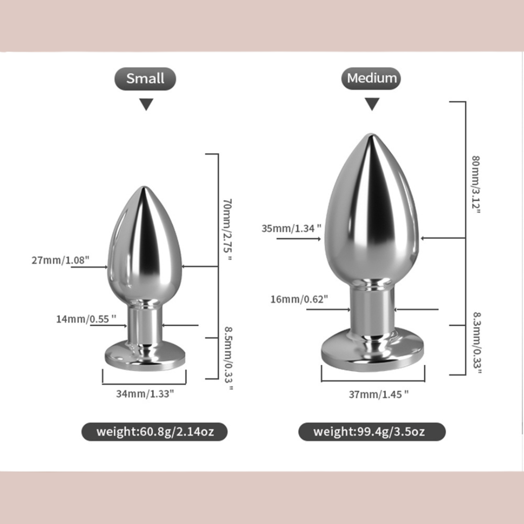 Full measurements for small and medium stainless steel anal plug.