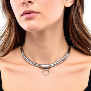 The Sub Rosa Locking Necklace is shown in silver, it is shown being modelled.