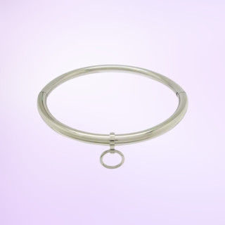 The Sub Rosa Locking Necklace in silver is shown on a purple background