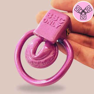 A close up of the BBC Only Super Sissy Pussy Chastity Cage from House Of Chastity, it is a micr chastity cage with an integral lock, which is shown fully assembled.