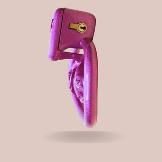 A side view of the Super Small Sissy Pussy chastity cage from House Of Chastity, the cage shown in this image is the Inner size.