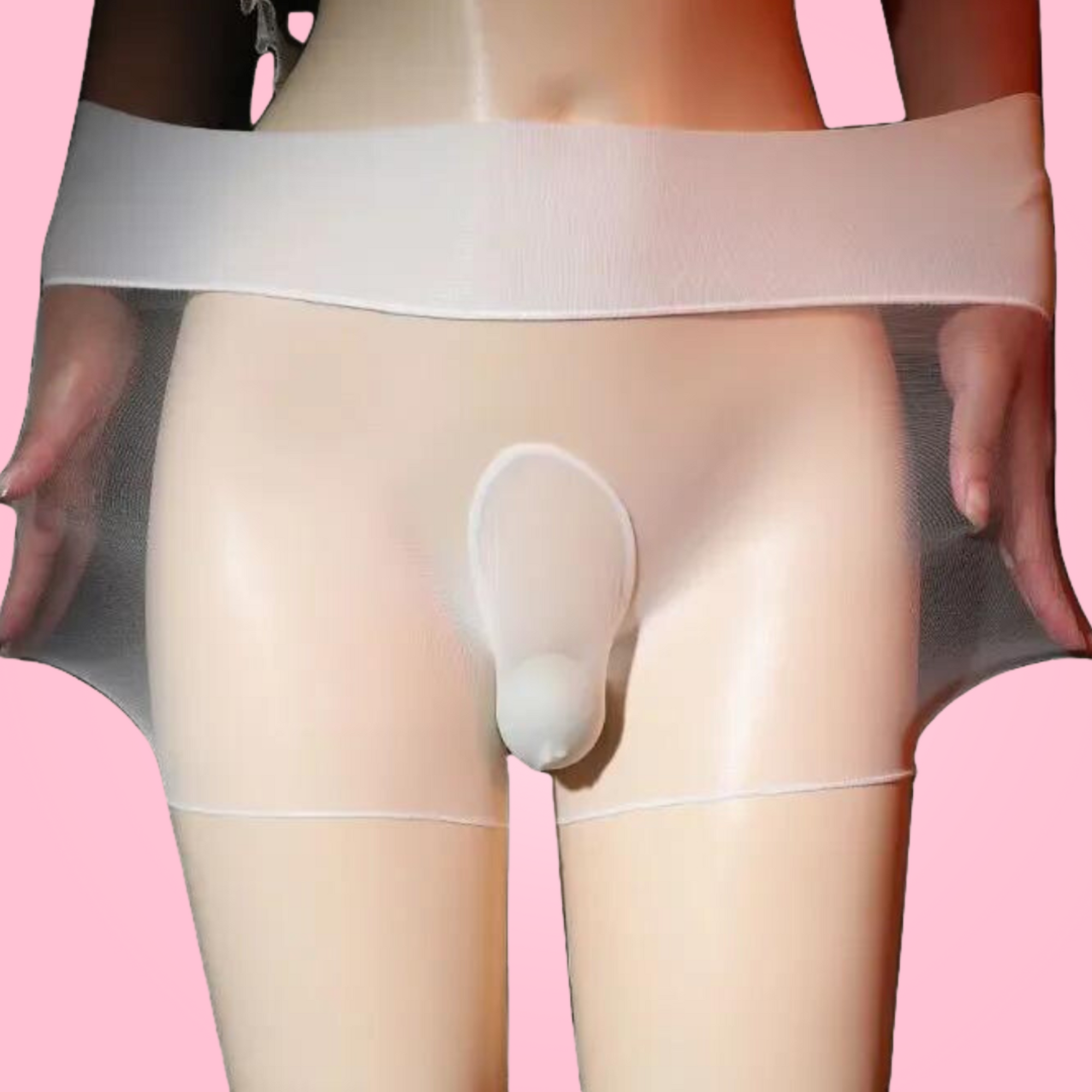 An image of the seamless white gloss nylon tights from House Of Chastity on a mannequin. You can see the enclosed sheath and the stretch capability