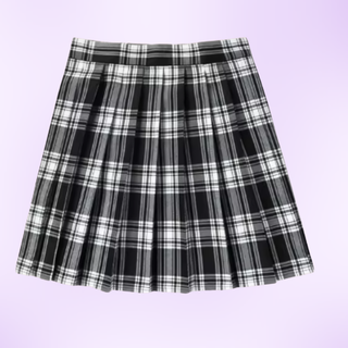 The black and white tartan pleated mini skirt on a purple background