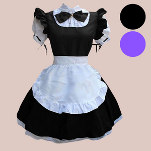The black version of the maids dress, showing a full skirted dress with puffed, flounced sleeves, high neck collar with purple bow and half waist apron.It also shows the back of the dress.