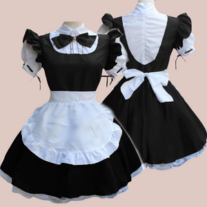 The black version of the maids dress, showing a full skirted dress with puffed, flounced sleeves, high neck collar with purple bow and half waist apron. It also shows the back of the dress.