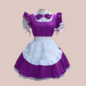 The purple version of the maids dress, showing a full skirted dress with puffed, flounced sleeves, high neck collar with purple bow and half waist apron.It also shows the back of the dress.