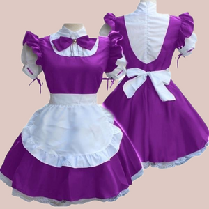 The purple version of the maids dress, showing a full skirted dress with puffed, flounced sleeves, high neck collar with purple bow and half waist apron.It also shows the back of the dress. It also shows the back of the dress.