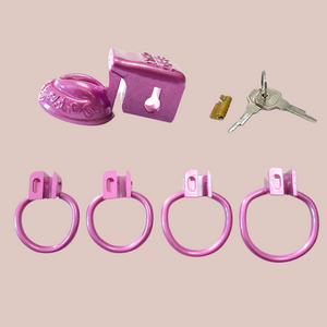 Showing the full set of the BBC Sissy Pussy Chastity Cage from House Of Chastity,, you can see the chastity cage, the 4 differently sized base rings, the lock and 2 keys.