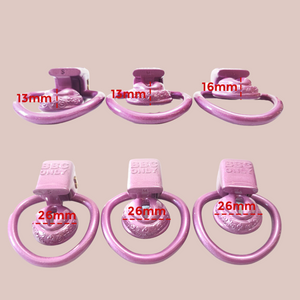 An angled view of the BBC Sissy Pussy Chastity cages, it shows the cages in size order and the dimensions of each cage.
