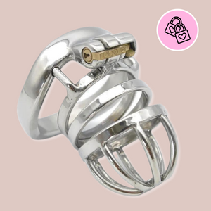 A stainless steel, size small chastity cage. It comes with a full submission fountain bar head design, then 2 circular rings that are fixed to the base ring. It has an integrated lock.