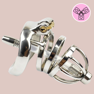 A small stainless steel chastity cage, it comes with a full submission fountain bar head design, then two rings that then fix to the base ring. When fixed together the lock can be fixed into place and it comes with a urethral tube that is removable.