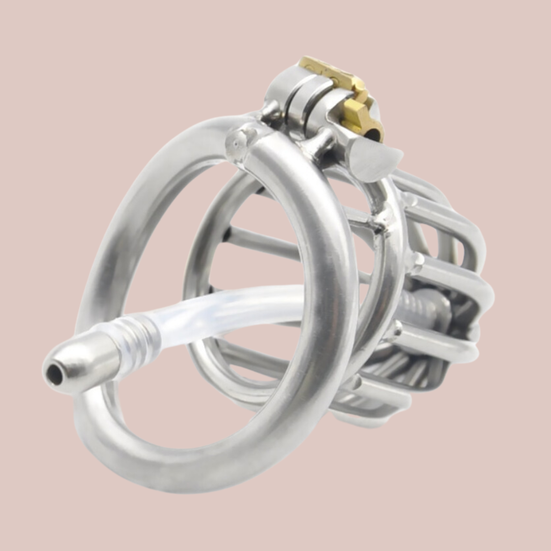 A rear view of The Bird House chastity device, it is shown with the integral lock and urethral tube in place.