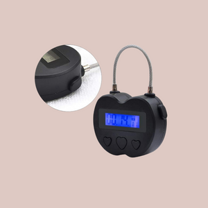 A closer look at the electronic lock, which allows you to lock away chastity cage keys nice and tight and allows a timer to be set for release.