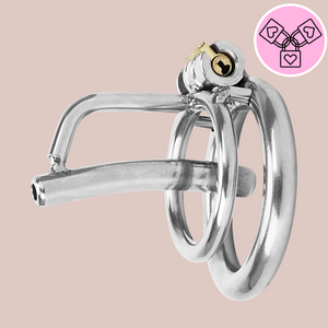 The Clink chastity cage with fixed urethral tube is shown from a side view. You can see the base ring and integral lock are fixed in place.