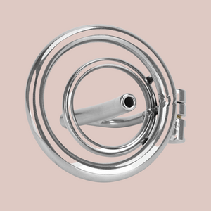 An under view of The Clink from House Of Chastity. You can see the end of the urethral tube, the base ring and the secondary ring that the penis will be secured through.