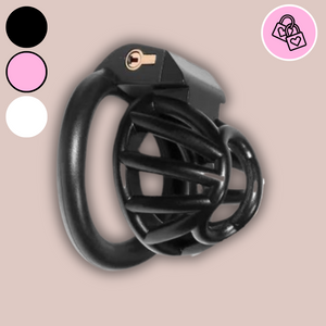 The Cobra Nub, shown here is the black version of the chastity cage fully assembled with the base ring and integral lock in place. The colour circles to the left denote the colours that this cage is available in, black, pink and white and the right hand logo denotes that it is a level 2 cage.