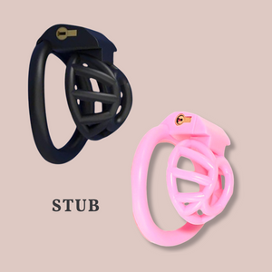 A close up of the Cobra Micro Stub black and pink chastity cage fully assembled from House Of Chastity.
