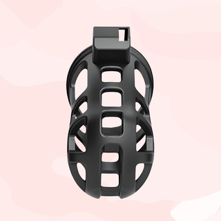 A front on view of the chastity cage, this cage is shown without the base ring attached.