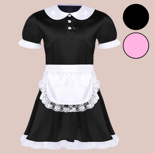 The black rounded collar Denise satin maid dress, with white waist apron