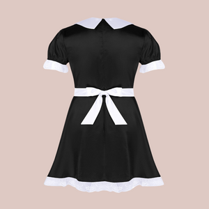 The back view of the black rounded collar Denise satin maid dress, with white waist apron.