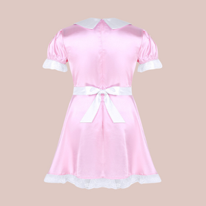 The back view of the pink rounded collar Denise satin maid dress, with white waist apron.