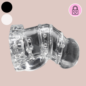 A side view of the clear Detained Silicone from House Of Chastity, you can see the design to the body and that it comes into black and transparent.