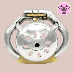 The Enthrallment chastity cage from House Of Chastity, it is shown here from the front view, the cage, base ring and integral lock are all fixed in place.