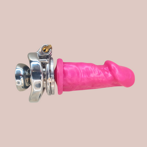 The Flat Gatling Negative is shown here from a side view, you can see the angled base ring and pink dildo.