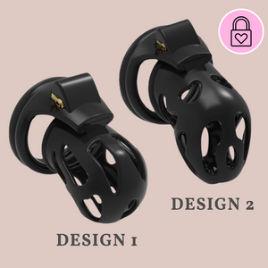 Design 1 and Design 2 of the Ghost Chastity Cages. Design 1 has a straight cage with a rounded end and design 2 has a straight cage that drops at the end, creating a curved design.