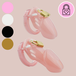 A medical grade plastic chastity cage that is shown in small and standard sizes. This product has a chastity cage, different sized base rings, an external padlock and extra numbered locks. The colour circles om the top left show the colours available, pink, white, black and rose gold