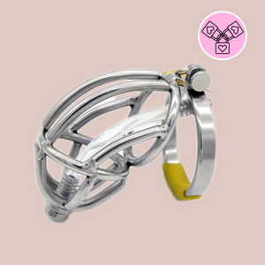 A metal penis cage made from stainless steel, this is an open bar work design, with lines of steel meeting up to a a rounded open metal work head design. This cage has a hinge which allows the cage to move and an integral lock that fixes thecae to the base ring. There is also a urethral tube that can be removed.