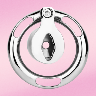 A front on view of the chastity cage, pussy opening to the front is a flat design.