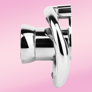 A side profile of the chastity cage, the front of the cage is smooth and the angled base ring is designed for comfort.