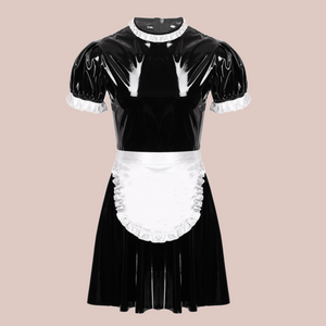 The Jessica is a wet look maids dress with frilled round neck, frilled edging to the sleeves and a white frilled half apron.