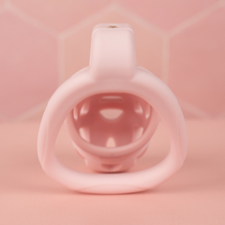 A rear view through the base ring of the Jeusn chastity cage.