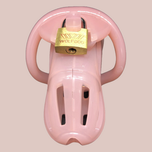 The pink standard The Loc'd chastity cage shown assembled, you can see the padlock in place.