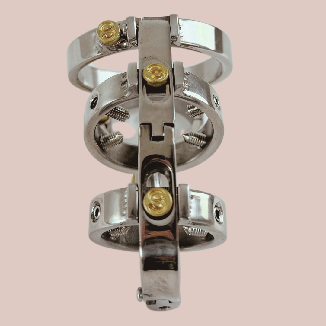 A view from above of The Nyx chastity cage, you can see the 3 rings that make up the body of the cage and the screws that can be added to the front two rings.