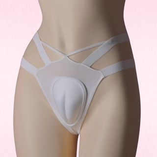 the white panties on a model on a pink background, the tucking pouch with camel toe effect can be seen.